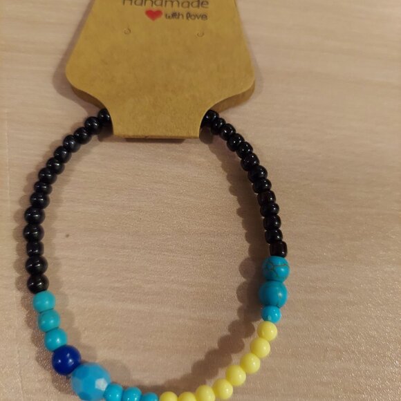Handcrafted Black, Blue, and Yellow Seed Beaded Bracelet - Picture 3 of 3